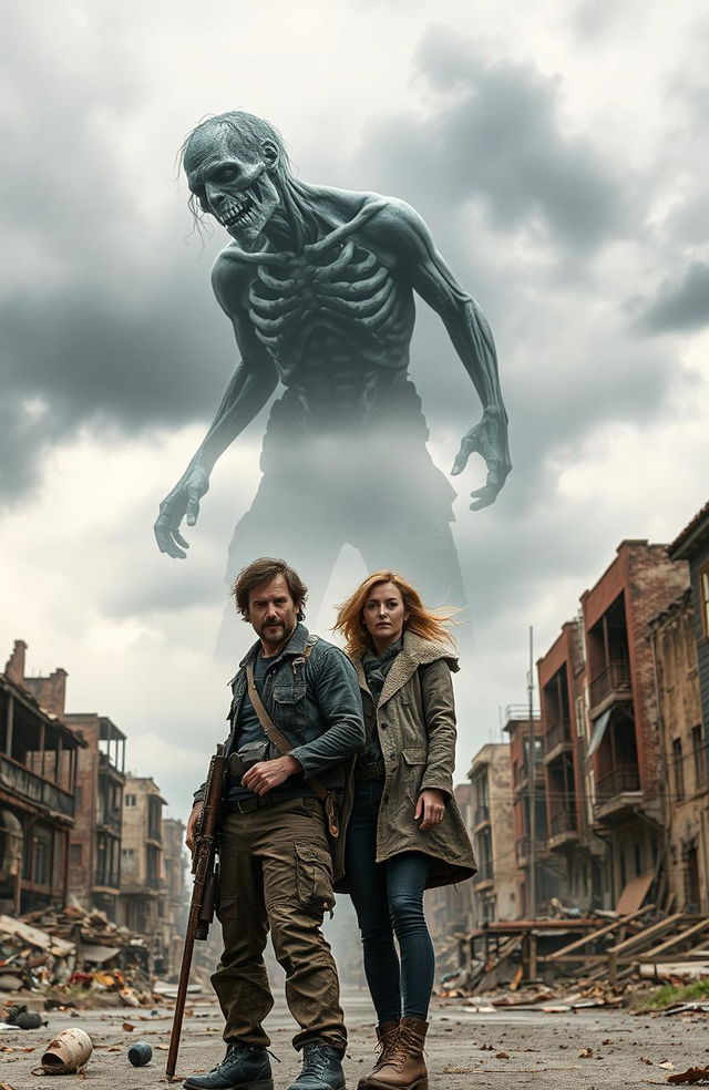 A man and a woman standing together in a dystopian town, surrounded by crumbling buildings and debris, with a gloomy atmosphere