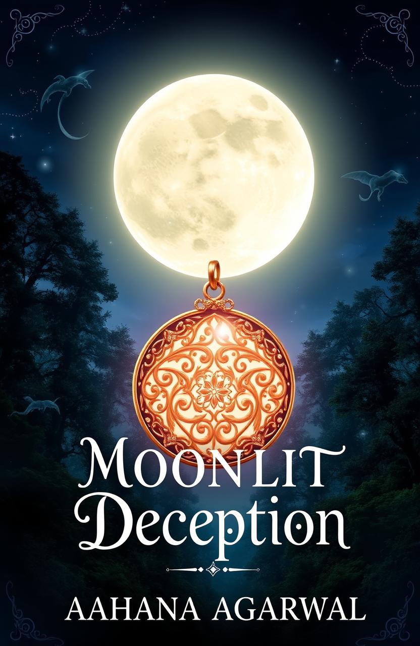 A captivating book cover for 'Moonlit Deception' by Aahana Agarwal featuring an enchanting night sky illuminated by a full moon