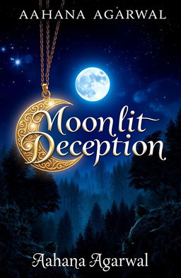 A captivating book cover for 'Moonlit Deception' by Aahana Agarwal featuring an enchanting night sky illuminated by a full moon