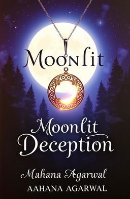 A captivating book cover for 'Moonlit Deception' by Aahana Agarwal featuring an enchanting night sky illuminated by a full moon
