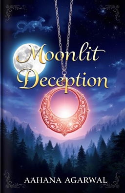 A captivating book cover for 'Moonlit Deception' by Aahana Agarwal featuring an enchanting night sky illuminated by a full moon