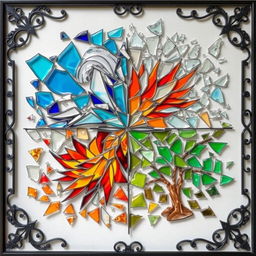 A striking composition of broken stained glass artwork representing the four elements: water, air, fire, and earth
