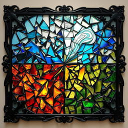 A striking composition of broken stained glass artwork representing the four elements: water, air, fire, and earth
