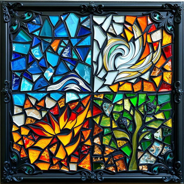 A striking composition of broken stained glass artwork representing the four elements: water, air, fire, and earth