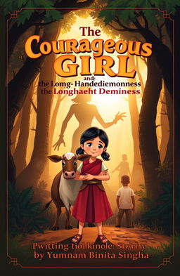 A captivating book cover for a children's folk story titled 'The Courageous Girl and the Long-Handed Demoness