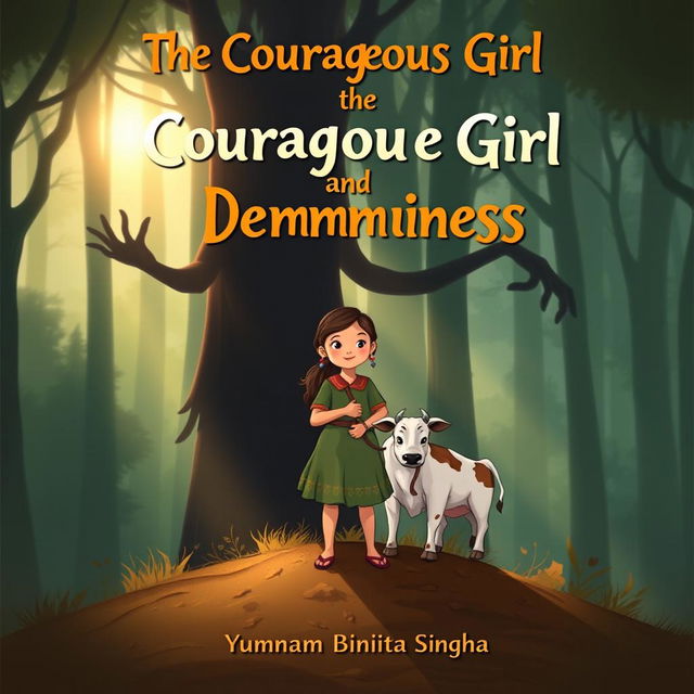 A captivating book cover for a children's folk story titled 'The Courageous Girl and the Long-Handed Demoness