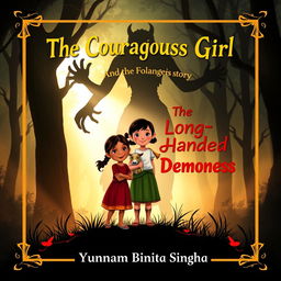 A captivating book cover for a children's folk story titled 'The Courageous Girl and the Long-Handed Demoness