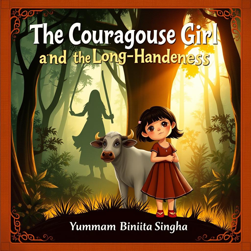 A captivating book cover for a children's folk story titled 'The Courageous Girl and the Long-Handed Demoness