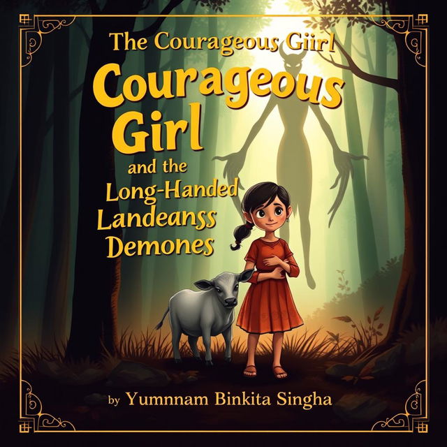 A captivating book cover for a children's folk story titled 'The Courageous Girl and the Long-Handed Demoness