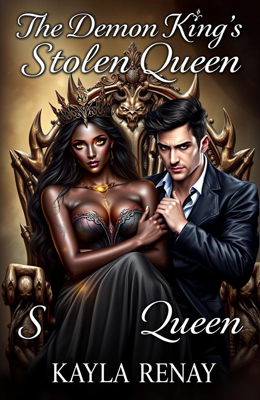 A captivating book cover featuring a stunning black fae woman adorned with an intricate crown on her head, her enchanting golden eyes gleaming with power and mystery