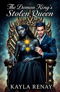 A captivating book cover featuring a stunning black fae woman adorned with an intricate crown on her head, her enchanting golden eyes gleaming with power and mystery