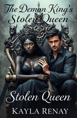 A captivating book cover featuring a stunning black fae woman adorned with an intricate crown on her head, her enchanting golden eyes gleaming with power and mystery
