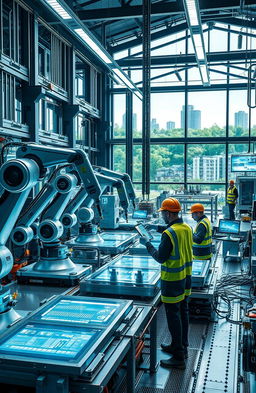 A visually striking representation of an industrial scene in 2024, showcasing advanced manufacturing technology and modern machinery