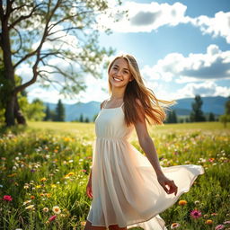 A young woman with long flowing hair, standing outdoors in a stunning meadow filled with wildflowers