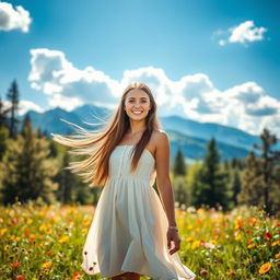 A young woman with long flowing hair, standing outdoors in a stunning meadow filled with wildflowers