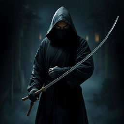 A mysterious masked man wearing a black monk's robe, holding a fencing sword in his right hand and a pistol in his left hand