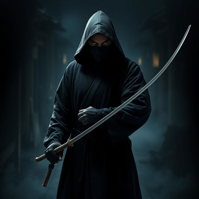 A mysterious masked man wearing a black monk's robe, holding a fencing sword in his right hand and a pistol in his left hand