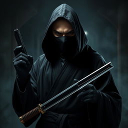 A mysterious masked man wearing a black monk's robe, holding a fencing sword in his right hand and a pistol in his left hand