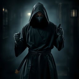 A mysterious masked man wearing a black monk's robe, holding a fencing sword in his right hand and a pistol in his left hand