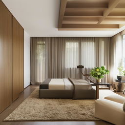 Realistic image of a spacious 120 square meter home with three bedrooms, designed with contemporary decor and furniture.