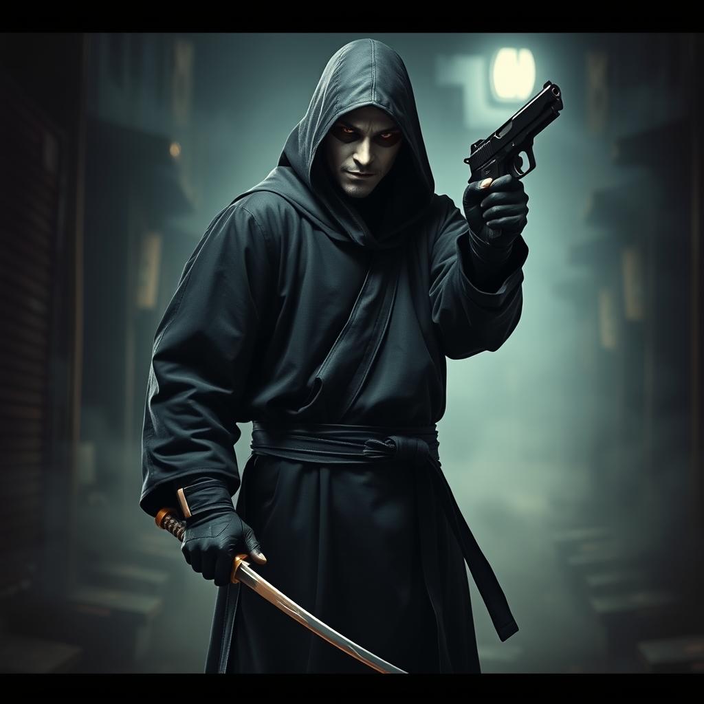 A mysterious masked man wearing a black monk's robe, holding a fencing sword in his right hand and a pistol in his left hand