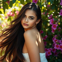 A stunningly beautiful woman with long flowing hair, gracefully posed against a soft, natural background filled with vibrant flowers and greenery