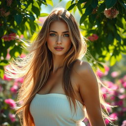 A stunningly beautiful woman with long flowing hair, gracefully posed against a soft, natural background filled with vibrant flowers and greenery