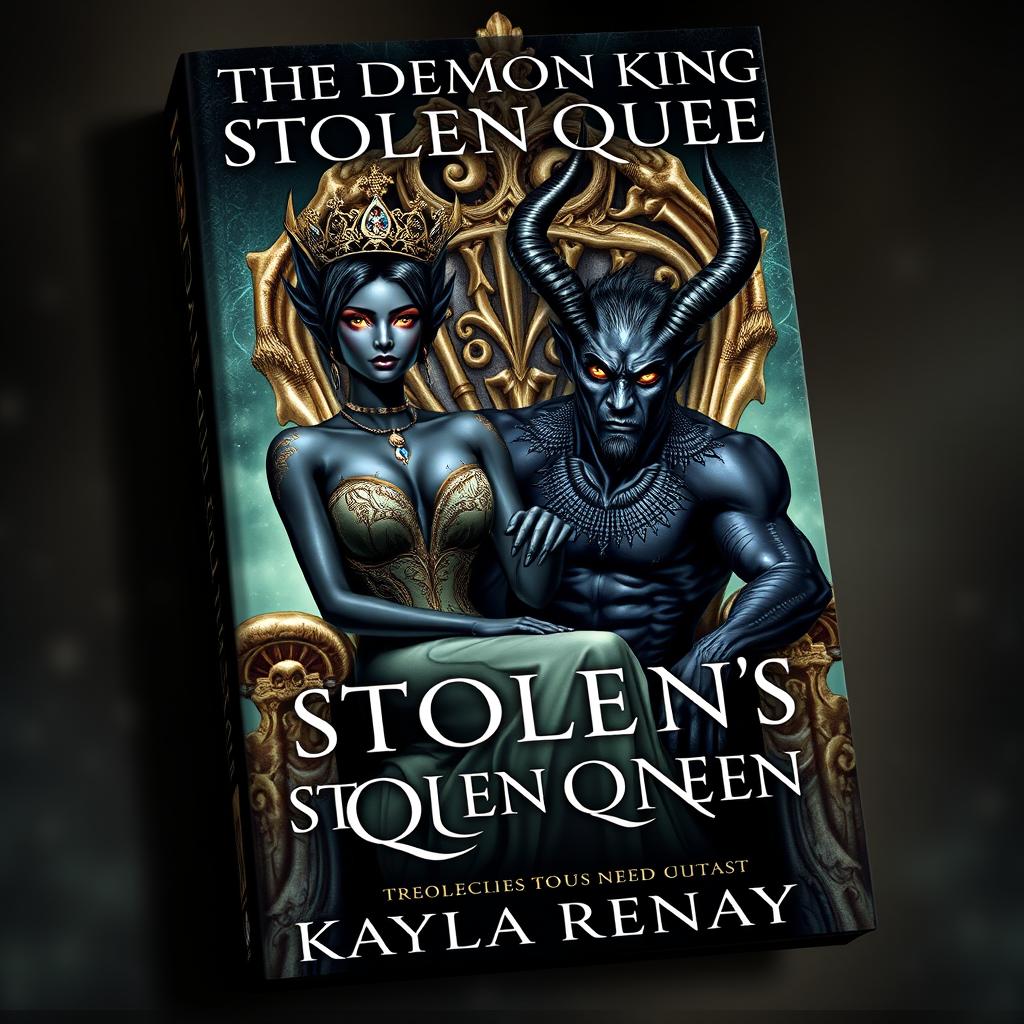 A mesmerizing book cover featuring a black-skinned fae woman with a dazzling crown on her head and enchanting golden eyes, seated confidently on an elaborate throne made of bones