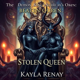 A mesmerizing book cover featuring a black-skinned fae woman with a dazzling crown on her head and enchanting golden eyes, seated confidently on an elaborate throne made of bones