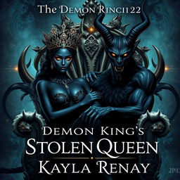 A mesmerizing book cover featuring a black-skinned fae woman with a dazzling crown on her head and enchanting golden eyes, seated confidently on an elaborate throne made of bones