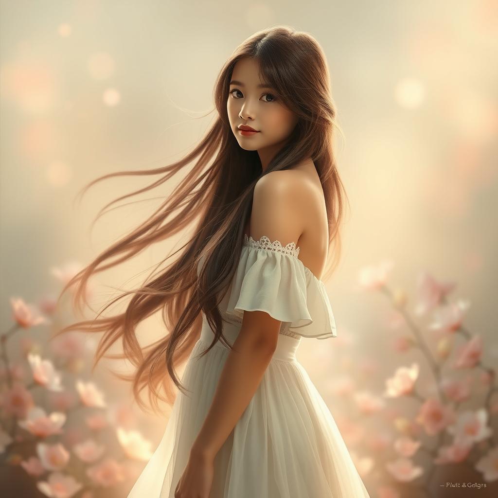 A beautiful girl with long flowing hair, standing confidently in an artistic pose, surrounded by a soft ethereal light that enhances her beauty