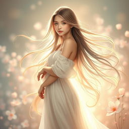 A beautiful girl with long flowing hair, standing confidently in an artistic pose, surrounded by a soft ethereal light that enhances her beauty