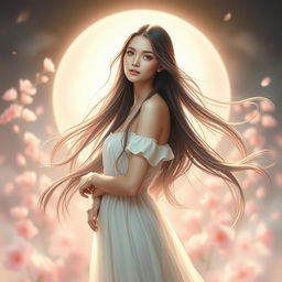 A beautiful girl with long flowing hair, standing confidently in an artistic pose, surrounded by a soft ethereal light that enhances her beauty