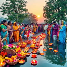 A vibrant and festive scene of Chhath Puja, showcasing traditional rituals during the sunrise