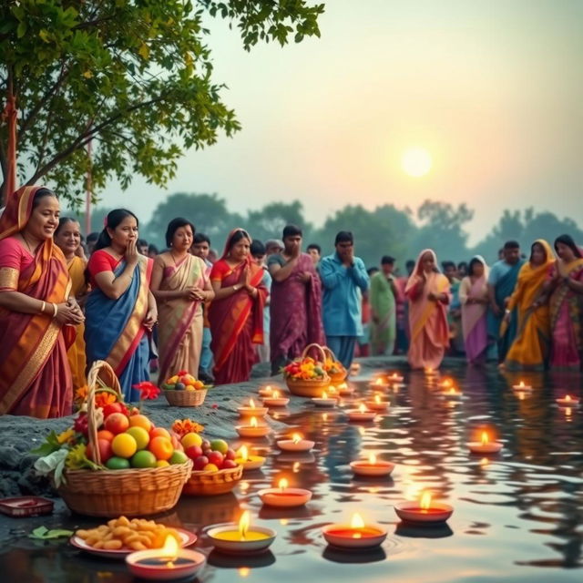 A vibrant and festive scene of Chhath Puja, showcasing traditional rituals during the sunrise