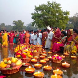 A vibrant and festive scene of Chhath Puja, showcasing traditional rituals during the sunrise