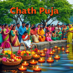A vibrant and festive scene of Chhath Puja, showcasing traditional rituals during the sunrise