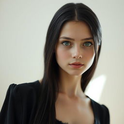 A serene portrait of a 17-year-old German girl with a calm expression, dressed in an elegant black wardrobe