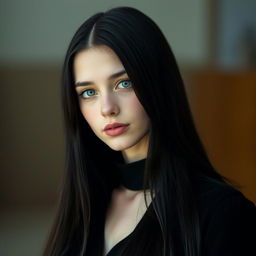 A serene portrait of a 17-year-old German girl with a calm expression, dressed in an elegant black wardrobe