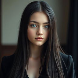 A serene portrait of a 17-year-old German girl with a calm expression, dressed in an elegant black wardrobe