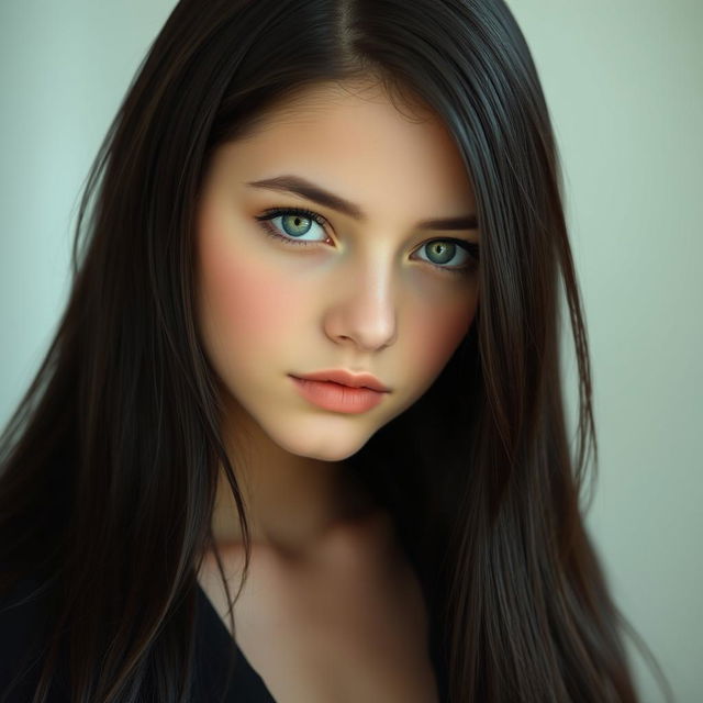 A serene portrait of a 17-year-old German girl with a calm expression, dressed in an elegant black wardrobe