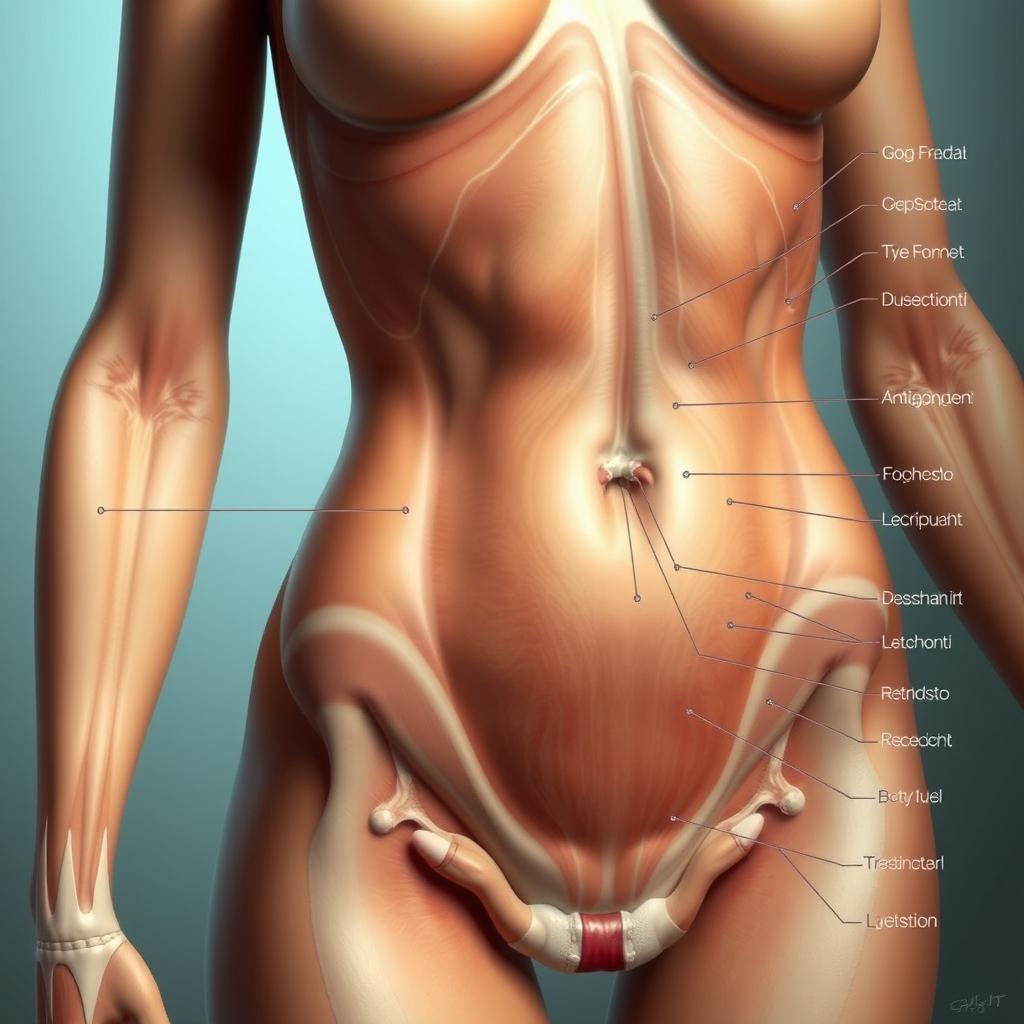 A detailed artistic representation of the female anatomy, focusing on the anatomical features in a medical or educational context