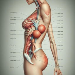 A detailed artistic representation of the female anatomy, focusing on the anatomical features in a medical or educational context