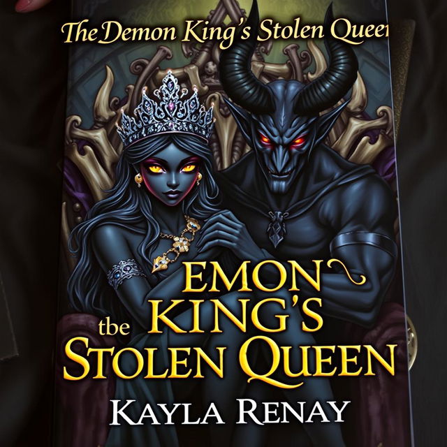 An enchanting book cover featuring a black-skinned fae woman adorned with a sparkling crown, her captivating golden eyes glowing with magic as she sits regally on a throne made of bones