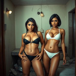 Two beautiful sexy Punjabi women with different body types, one with a curvy figure and the other with a lean figure, both wearing differently colored clothing