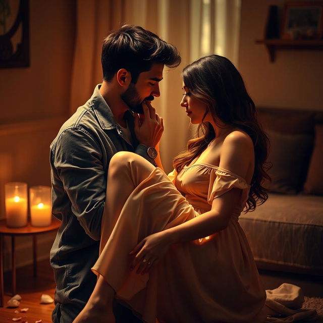 A romantic and intimate scene of a man gently kissing a woman's leg, set in a softly lit room with warm tones