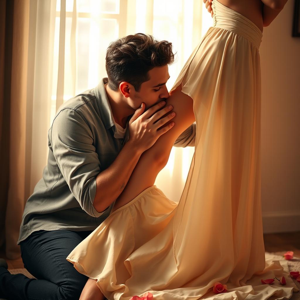 A romantic and intimate scene of a man gently kissing a woman's leg, set in a softly lit room with warm tones