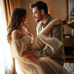 A romantic and intimate scene of a man gently kissing a woman's leg, set in a softly lit room with warm tones