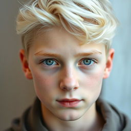 A handsome portrait of a 17-year-old German boy with very pale skin and strikingly pale blonde hair