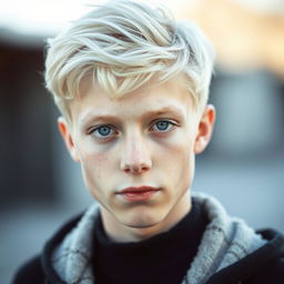 A handsome portrait of a 17-year-old German boy with very pale skin and strikingly pale blonde hair
